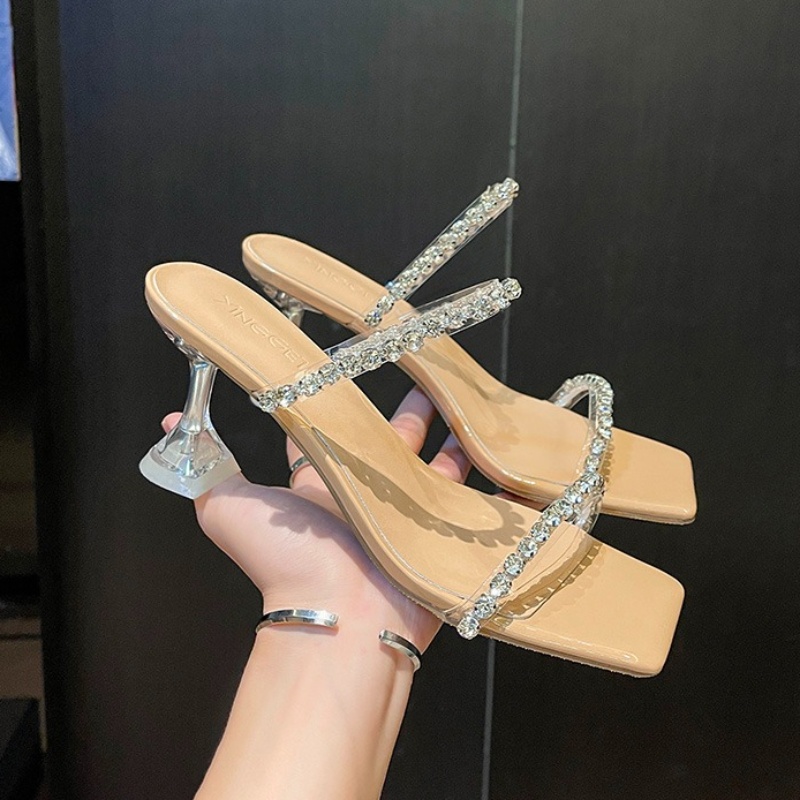 2024 Rhinestone High Heels Stiletto Slipper For Women Summer Wear Fairy Wind Crystal Wine Glasses Clear Slides Sandals