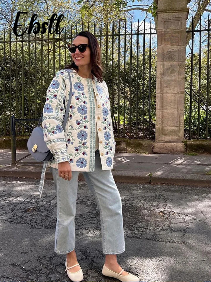 Casual Print Quilted Belt Coats Women O-neck Single Breasted Long Lantern Sleeve Jackets 2024 Autumn Winter Female Outwear 240912