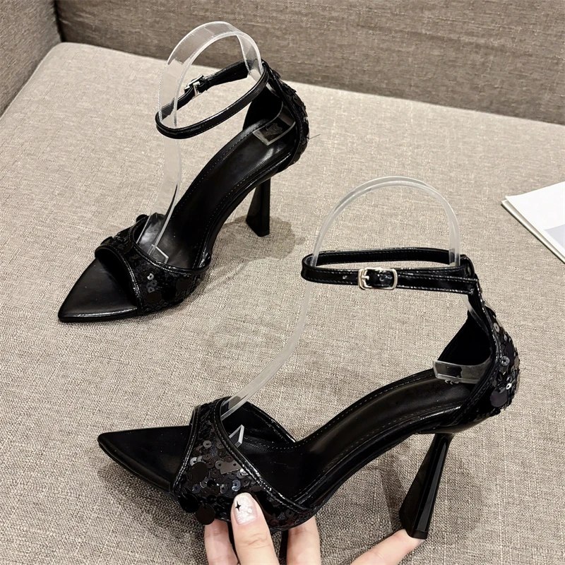 Eilyken Bg Sequin Cloth Pointed Toe Women Sandals Street Style Thin High Heels Buckle Strap Stripper Summer Shoes 45d2