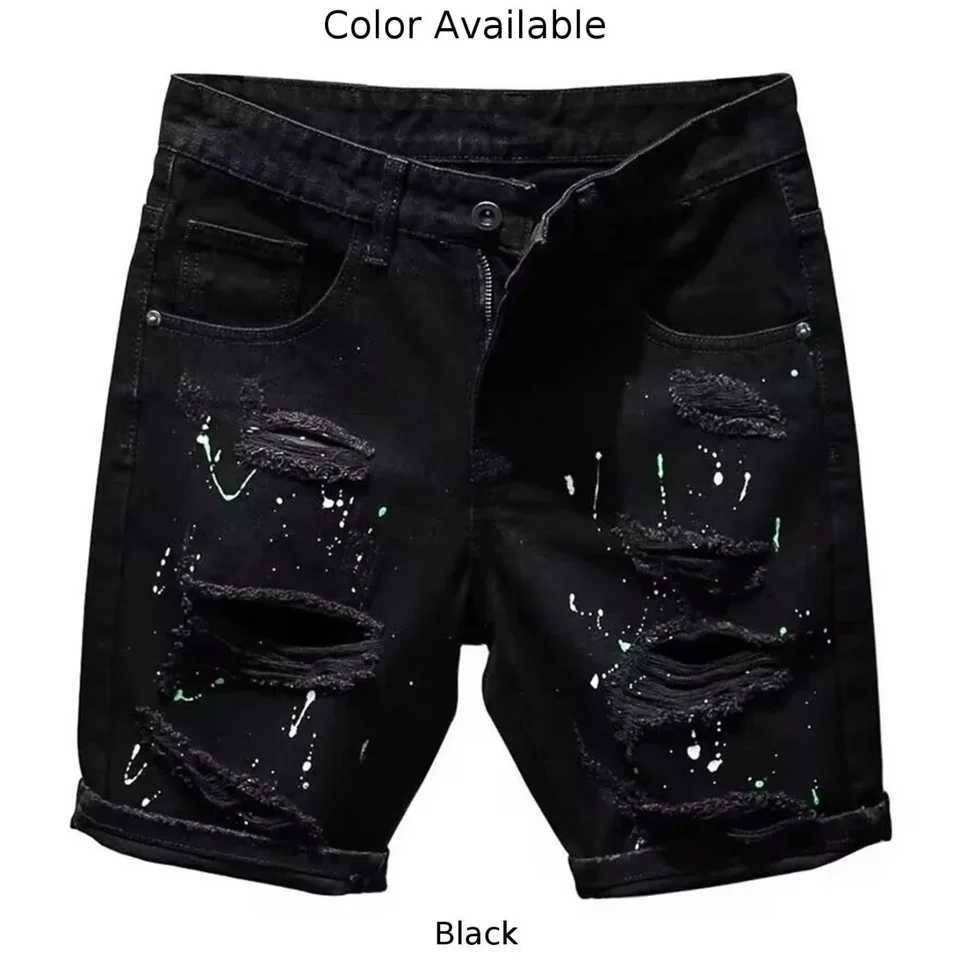 Mens Kpop Y2K Streetwear Dotting Ink Design Distressed Casual Black Shorts JeansX240914