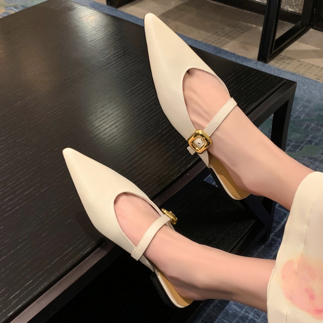 cow Women's leather metal buckle pointed toe slip-on flats sandals high quality female summer mules casual daily slides fac5