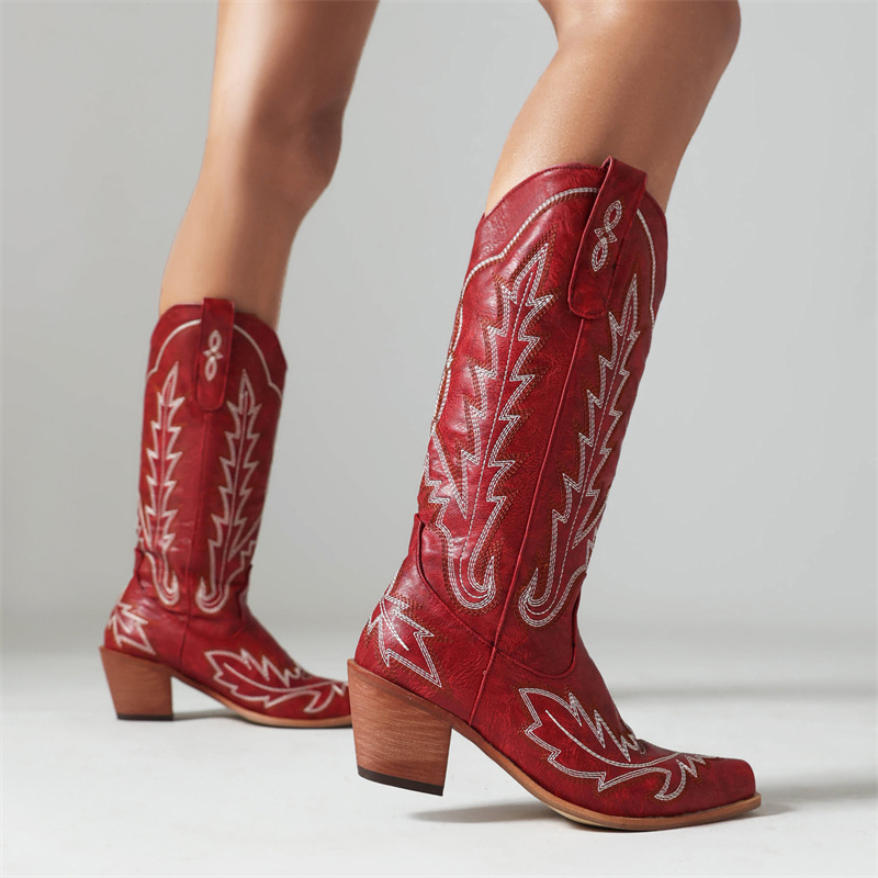 Western Cowboy Cowgirls Boot Casual Embroider Women's High Knee Boots Winter Tall Lady Wedge Heels Footwear Shoes Large Size 45