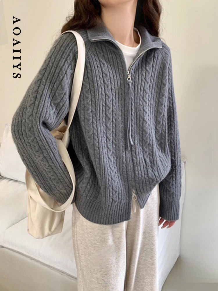 Aoaiiys Cardigan Women Zipper Knitted Casual Loose Long Sleeve Sweaters Korean Style Autumn Winter Fashion Female Cardigans 240904