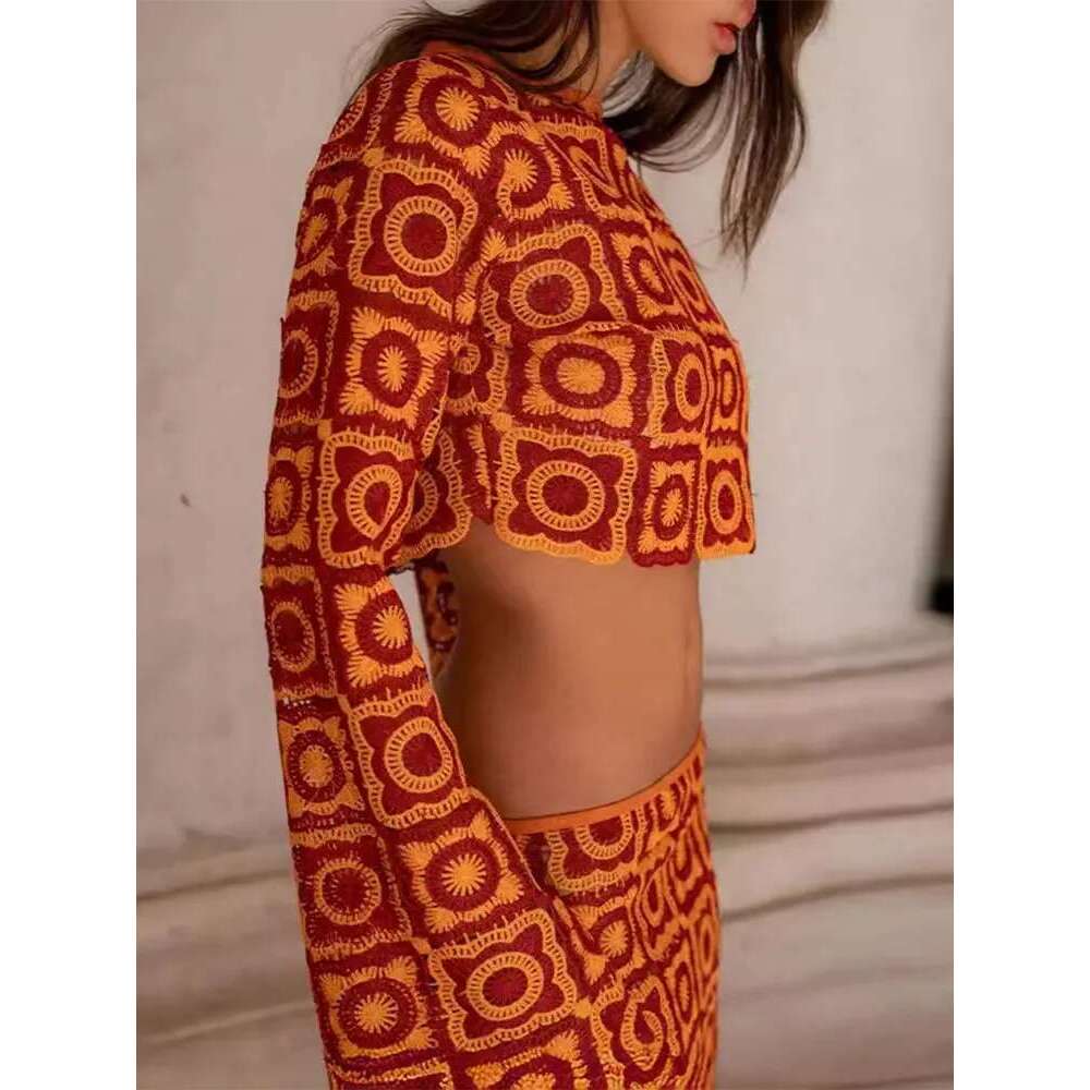 Holiday Crochet Hollow Out Women Midi Skirt 2 Piece Set Elegant Flare Long Sleeve Crop Top Suit Lady Vacation Beachwear