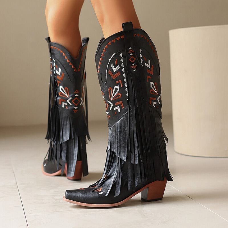 2024 Women Vintage Tassel Embroidered Western Cowboy Autumn Winter New Fashion Thick Heel Mid Length Long Boots 34-48