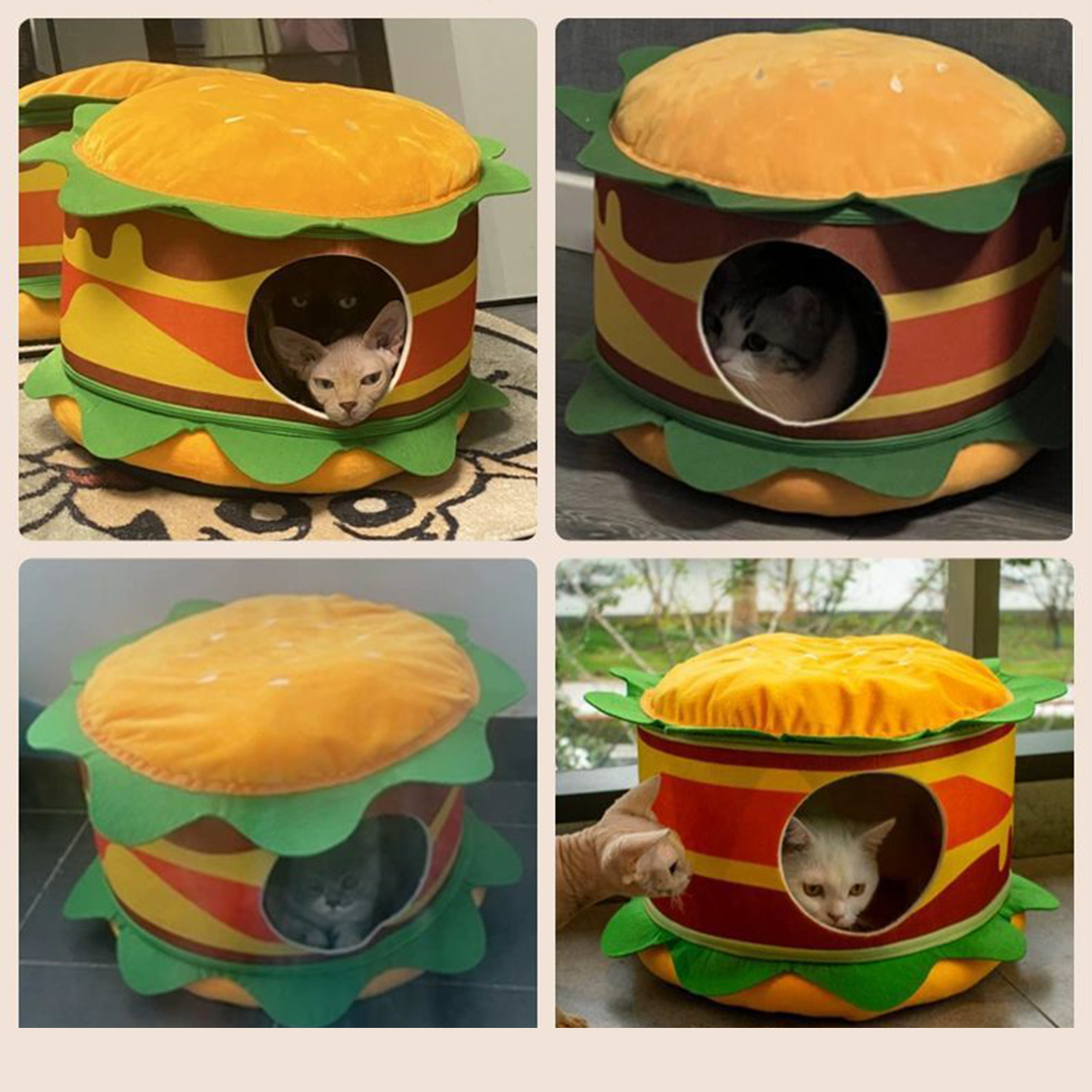 Cute Hamburger Shape Cat Bed, Detachable, Soft, Warm, Cozy, Puppy House for Winter