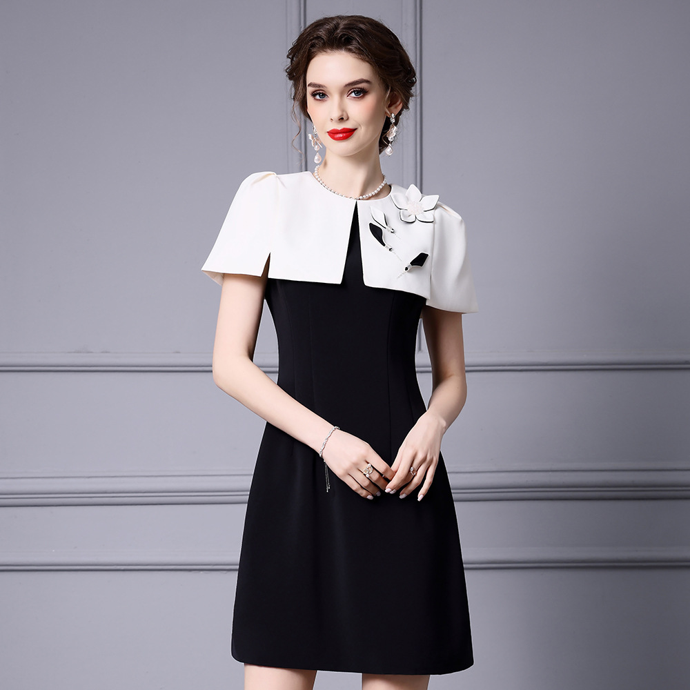 OC 120M68 Women's Casual Dresses Short Sleeved Commuting Dress Autumn Black and White Patchwork Flower High Waist Skirt