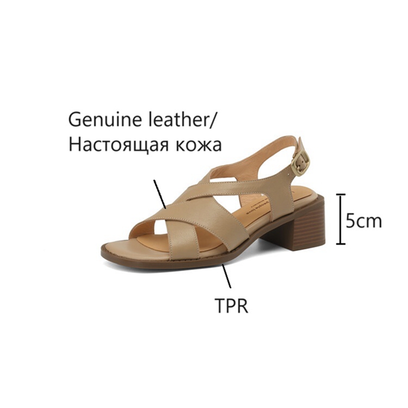 Summer NEW Sandals Genuine Leather for Women Open Sgback Round Toe Chunky Heel Beige Gladiator Shoes edc8