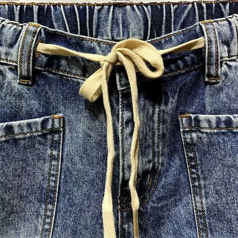 Vintage Korean Style Clothes Mens Summer Casual Knee Length Denim Shorts Large Pockets Drawstring Blue Boyfriend Short JeansX240914