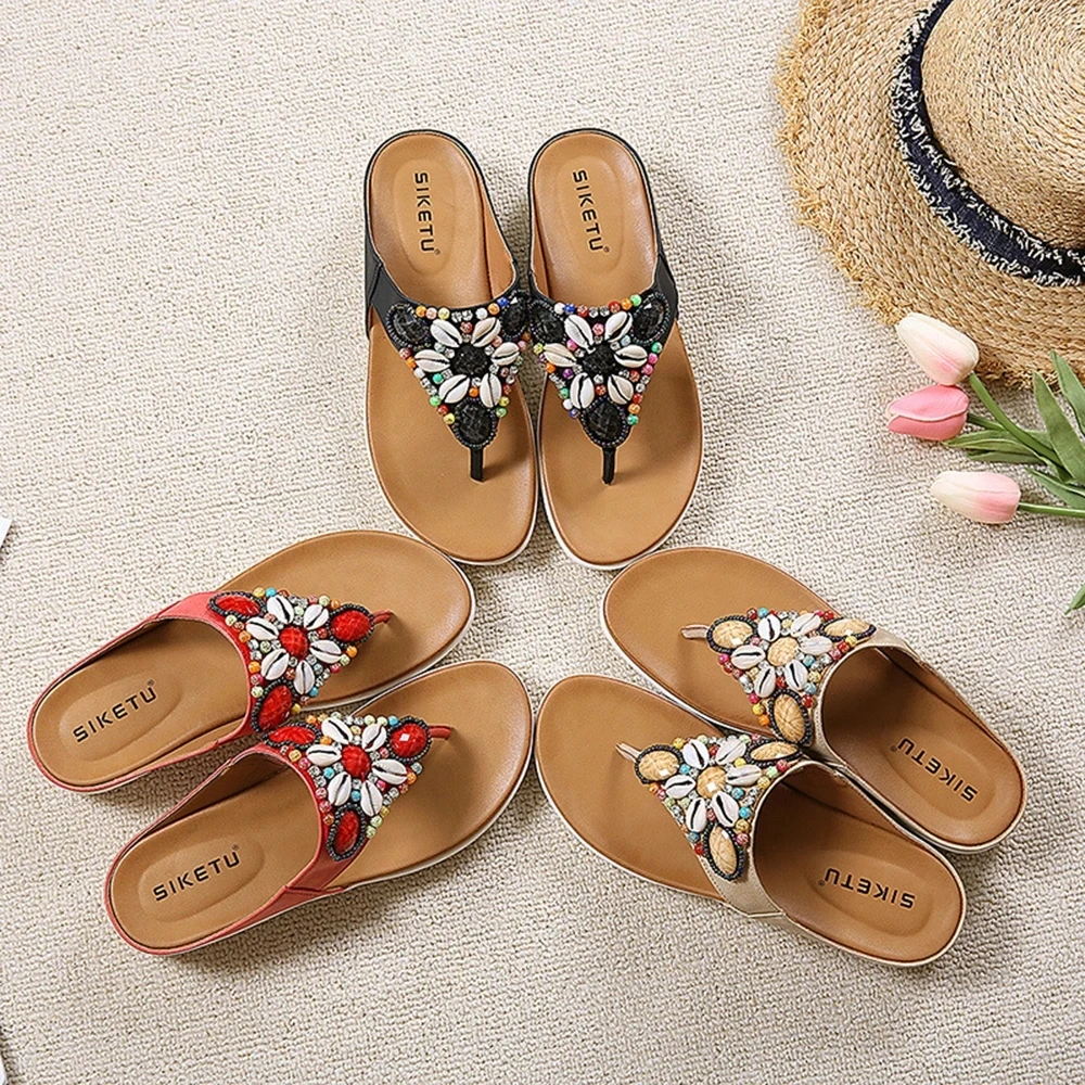 Women Slippers Summer New Fashion Beaded Slides Shoes Wedge Beach Sandals Women Outside Platform Leisure Retro Flip Flops