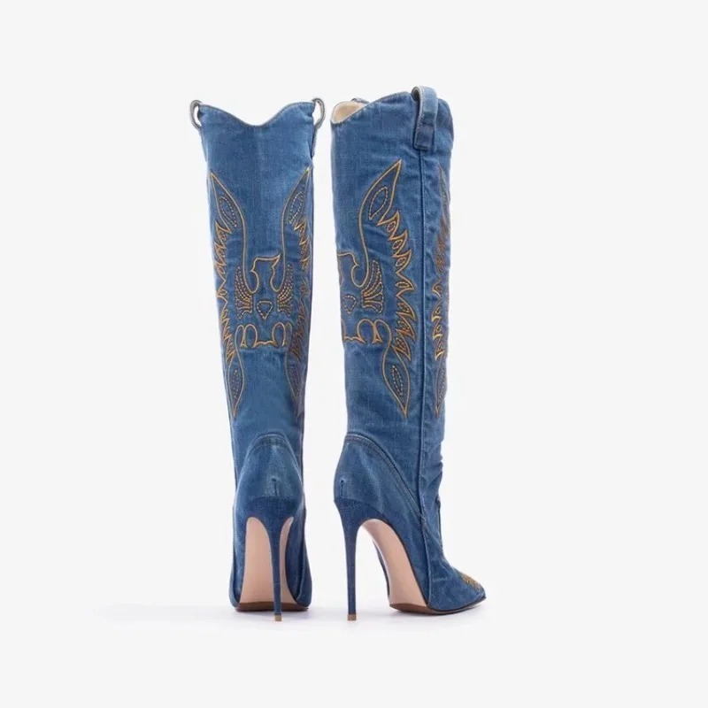 Embroidered Car Stitching 11cm High Heeled Pointed Western Cowboy Boots Women Denim Fashionable Spicy Girl Sexy Knight Boots 46