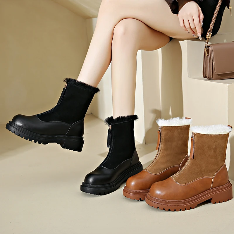 Women's Suede hot Platform Ankle Boots - Warm Plush Winter Shoes, Round Toe Fur, Brown Casual Goth Botas Feminina