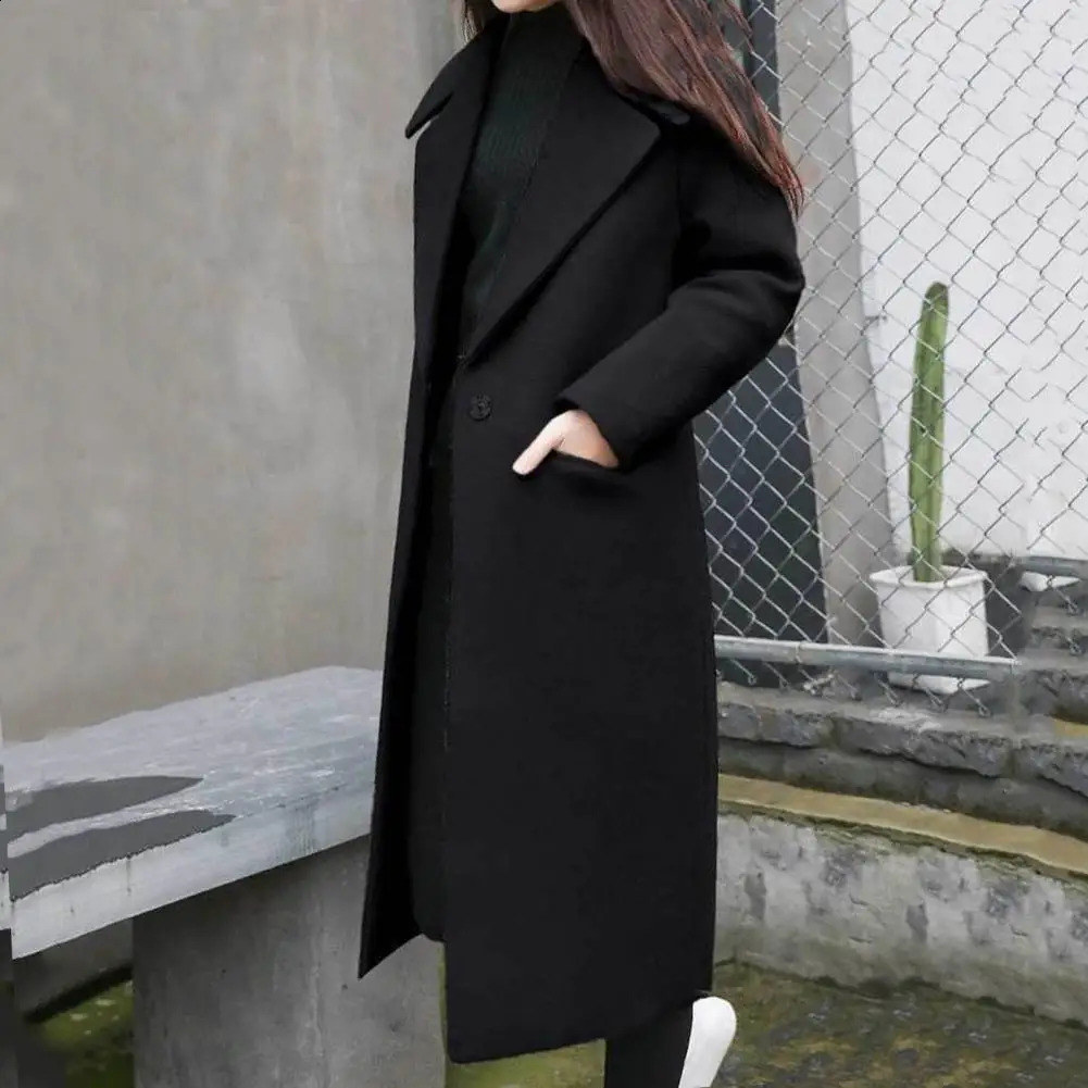 Women Winter Wool Coat Solid Color Cardigan Pockets Outerwear Thermal Single Button Elegant Overcoat Female Clothes For Dating 240905