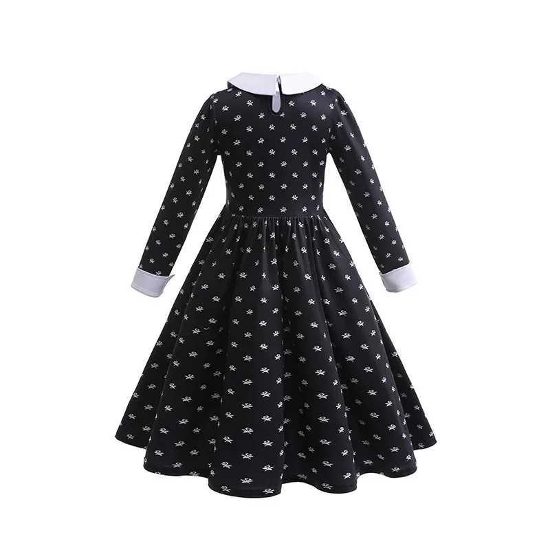 Wednesday Addam girls long sleeved fantasy spring and autumn printed black dress childrens Halloween role-playing costume W240914