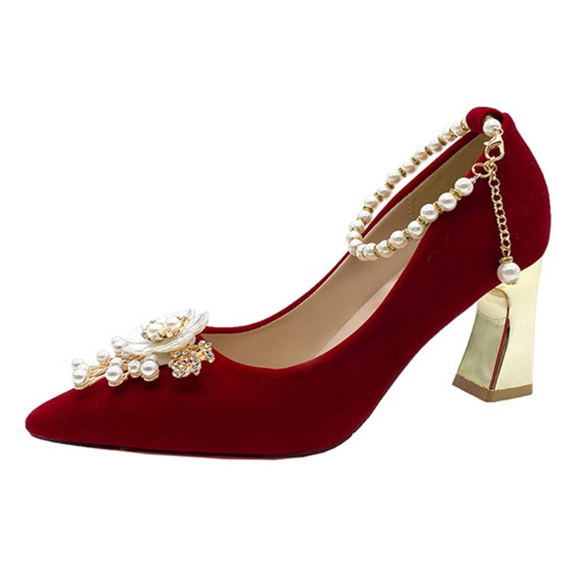 2025 new Pearl Women High Heels Pumps Pointed Toe Stilettos Femme Sexy Ladies Wedding Red Shoes 43e0