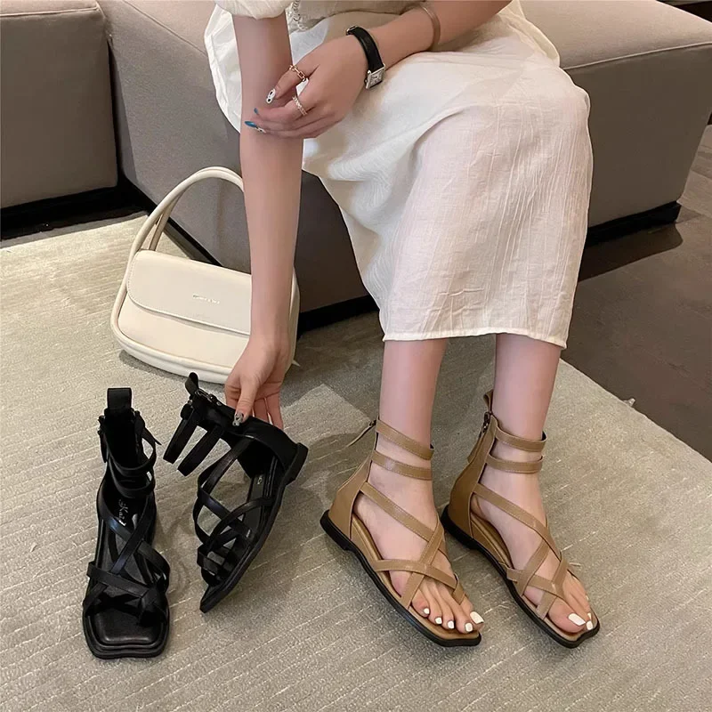High-heeled Sandals New Fashionable Versatile Square Head Cross Strap Toe Flat Roman Women's Shoes