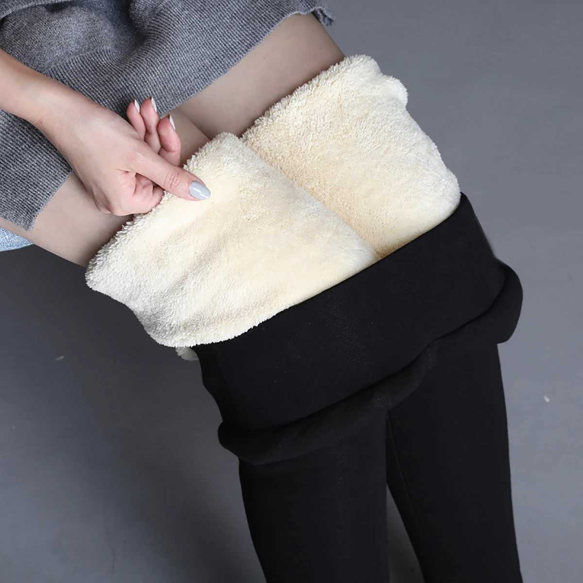 Women Solid Thicken Warm Leggings Lamb Fleece Thermal Legging Autumn Winter Pocket Tights High Stretchy Walking Pantalon PantsX240914