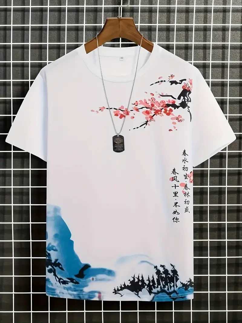 Mens 3D Plum Blossom printed loose short sleeved floral T-shirt Y2k casual streetwear mens trend T-shirt CL240913