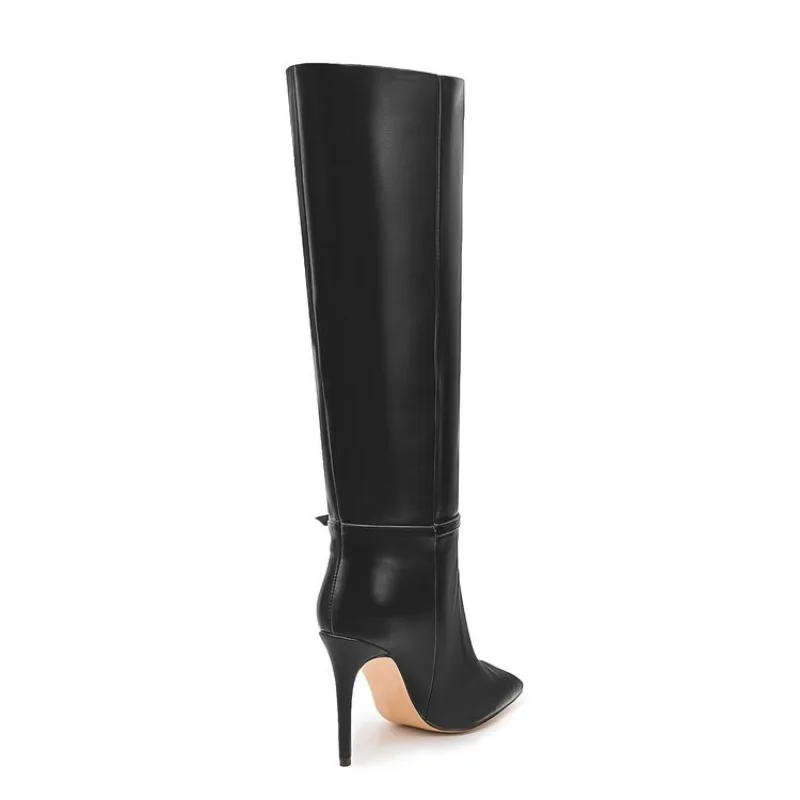 New Solid Color Belt Buckle Decoration High Heels Knee High Boots European American Fashion Pointed Spicy Women Boots Size 35-46