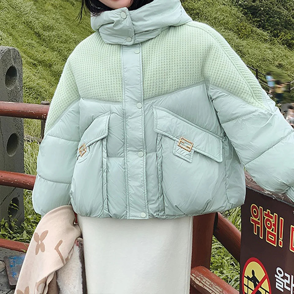 Women Green Duck Down Parka Jacket Warm Long Sleeve Hoodies Coat Outerwear Korean 90s Vintage Padded 2000s Clothes Winter 240904
