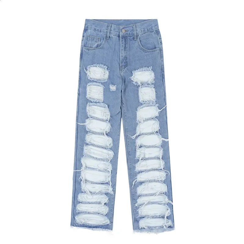 Ropa Grunge Y2K Streetwear Baggy Stacked Ripped Jeans Pants Men Clothing Straight Washed Blue Denim Trousers Pantaloni Uomo 240912