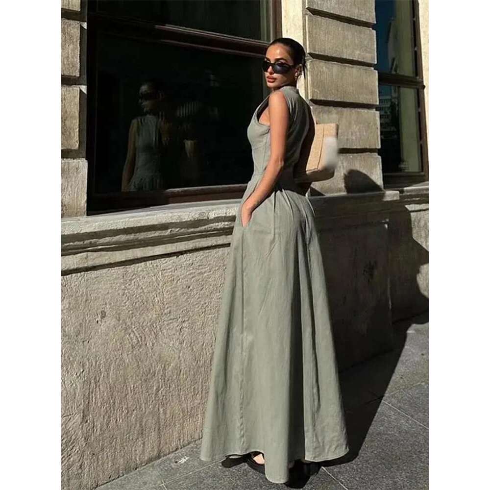 Sexy Solid High Waist Zipper Slim Maxi Dress Women Fashion V-Neck Sleeveless Pleated Long Dresses Summer Female Street Robes