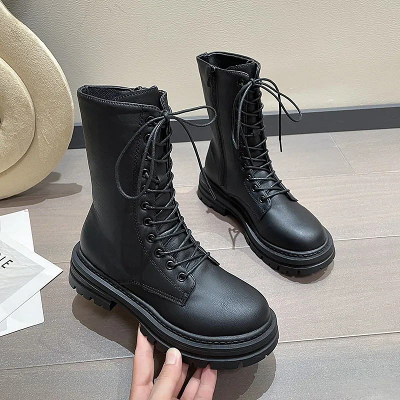 Dropshipping Women Mid Calf Boots Autumn Winter Boots Woman Fashion Lace-up Ladies Chelsea Zipper Platform Heel Ladies Shoes2023