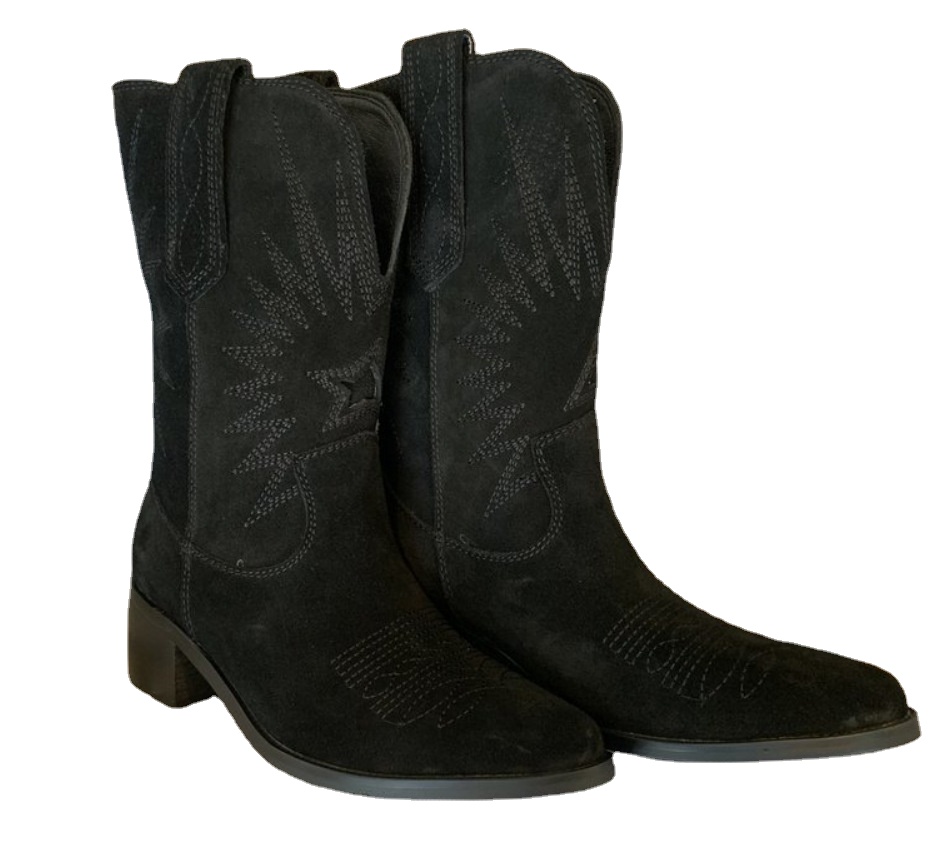 Embroidered Mid Calf Cowboy for Women 2023 Autumn Retro Chunky Heels Western Boots Woman Slip On Pointed Toe Cowgirl Shoes