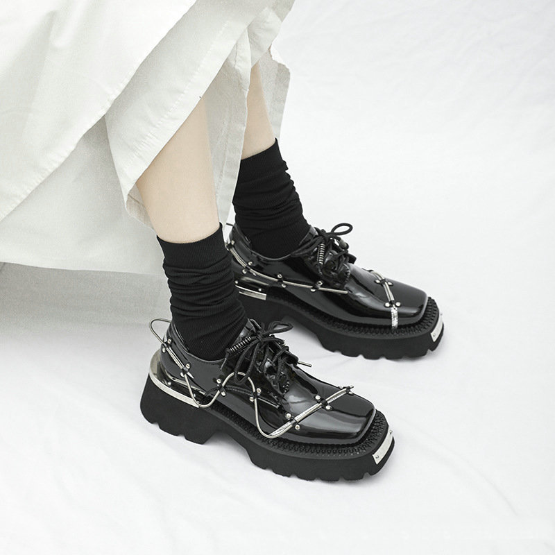 Spring Decoration Platform Shoes Lady Leather British Style Square Derby Shoes Black Thick Heel Lady Boots