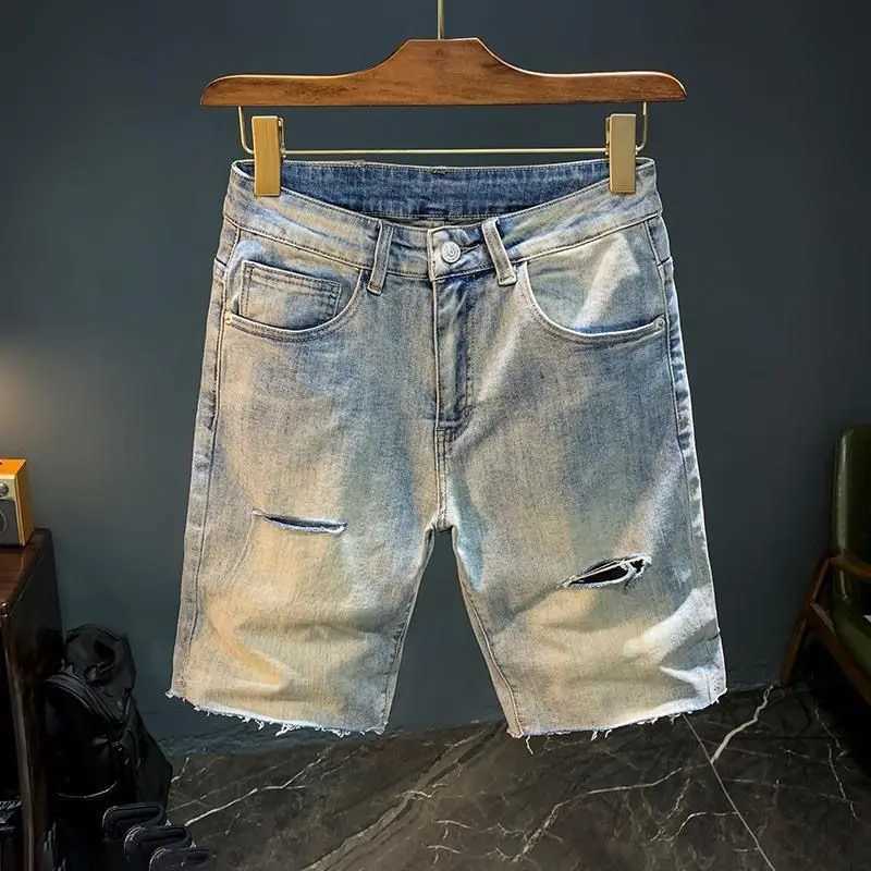 New Summer Luxury Clothing Kpop Washed Casual Denim Shorts Knee Length Distressed Hole Breathable Boyfriend Short Jeans for MenX240914