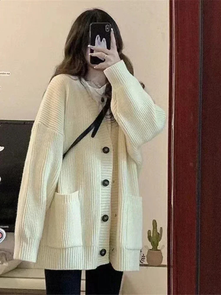 Cardigan Winter Grey Striped Knitted Sweater Women Korean Fashion Style Harajuku Oversize Preppy Female Coat 240904