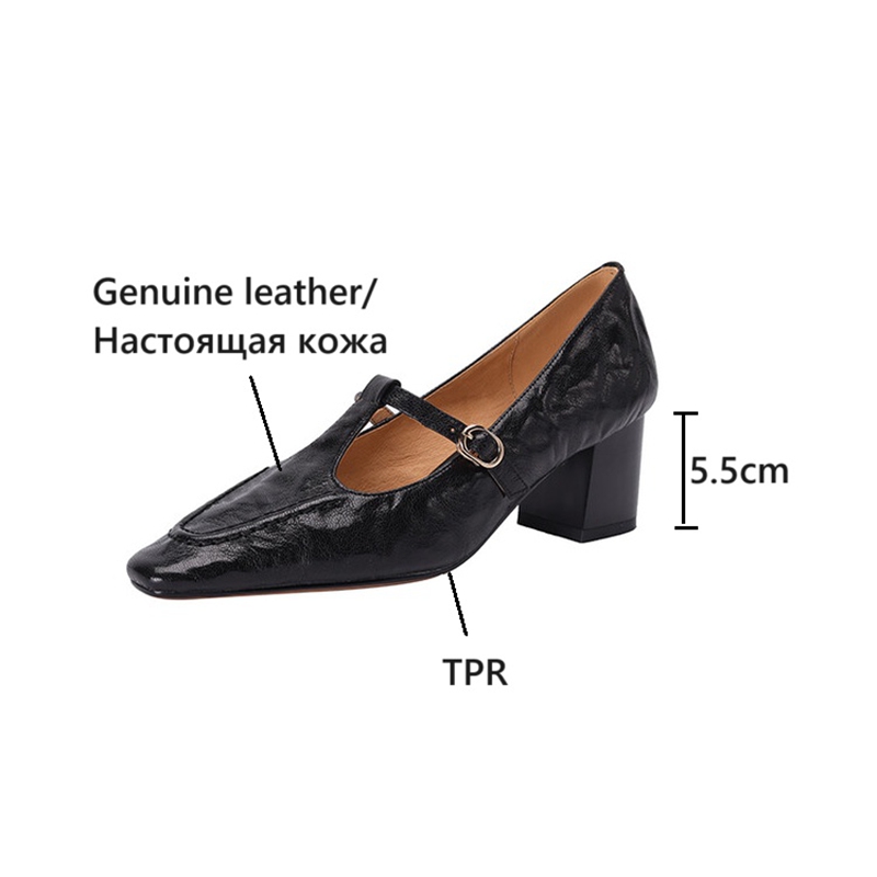 Spring/Autumn NEW Pumps Genuine Leather for Women Square Toe Chunky Heel Retro New Mary Janes T-strap Black Shoes 6c55
