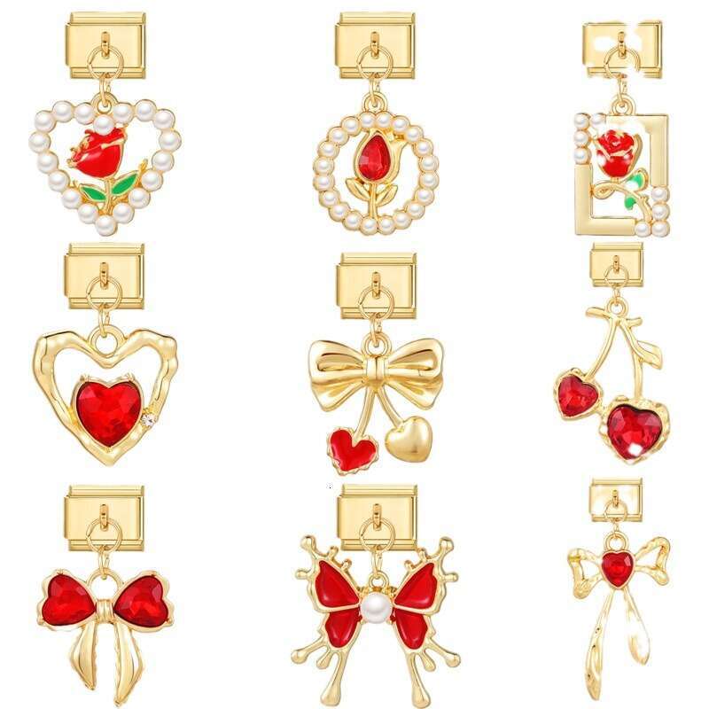 New Women's Gift Red bow Cherry Strawberry heart Pendant Italian Charms Links Bangle Beads Fit 9mm Stainless Steel Bracelet Making DIY For Women 