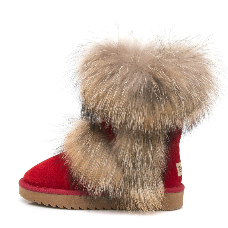 Natural Fox Fur Snow Boots Genuine Cow Suede Leather Boots Shoes Mid-calf Knee Boots Raccoon Fur Warm Female Flat Boots