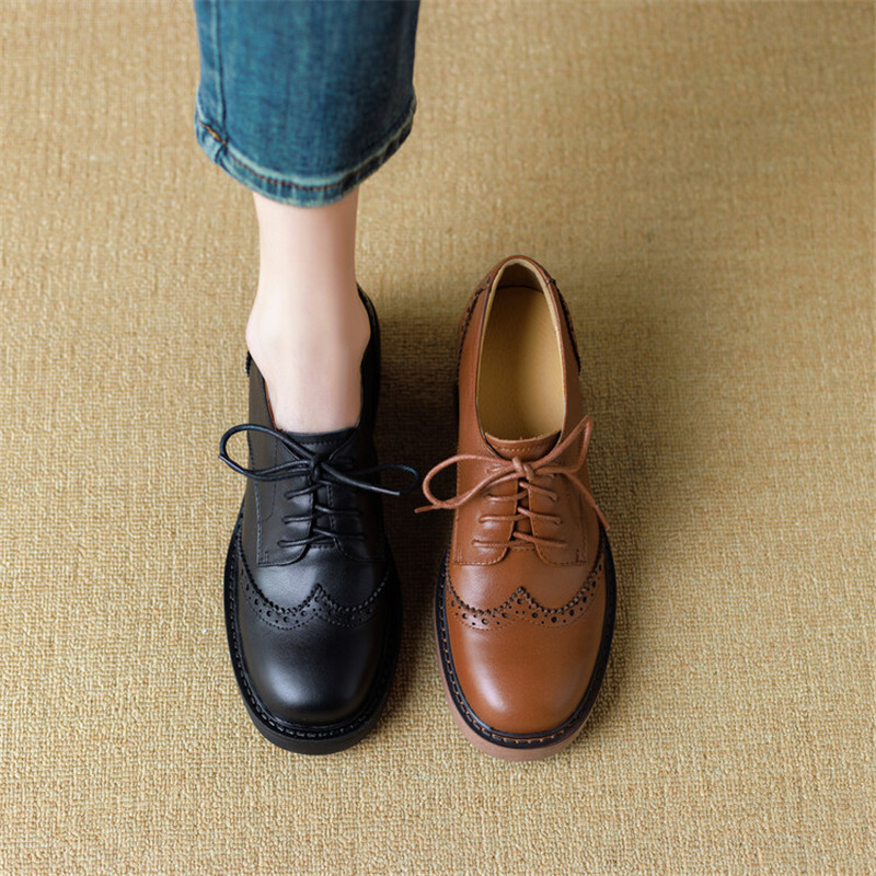 2025 new Spring New Cow Leather Round Toe Pumps Platform Shoes for Women atos Mujer Lace Up Brogue Designs Loafers cb48