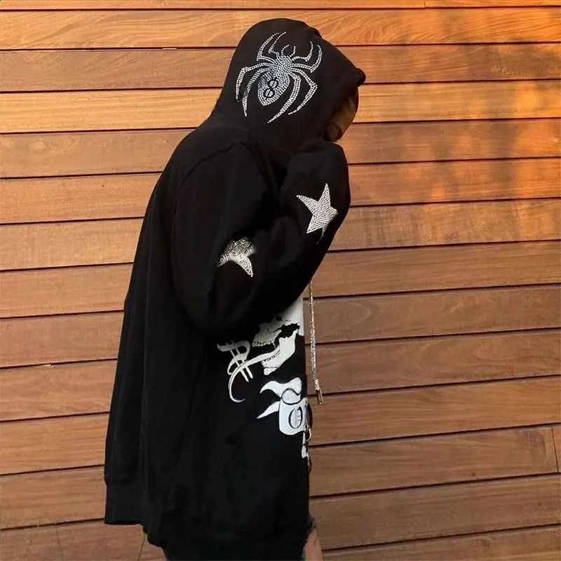 Y2k Hoodie Rhinestone Skeleton Goth Sweatshirt Sport Coat Pullover Mens Gothic Long Sleeve Oversized Hoodie Zip Jacket Hoodies 240913