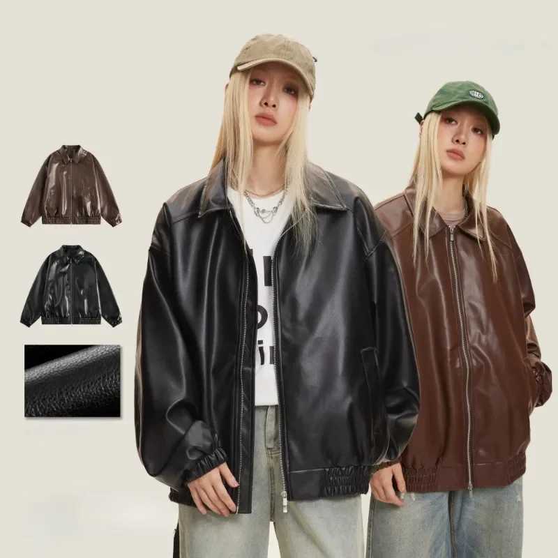 2024 Autumn New Youth Trendy Casual Loose Versatile Trendy Imitation Protein Leather Collar CoatX240913