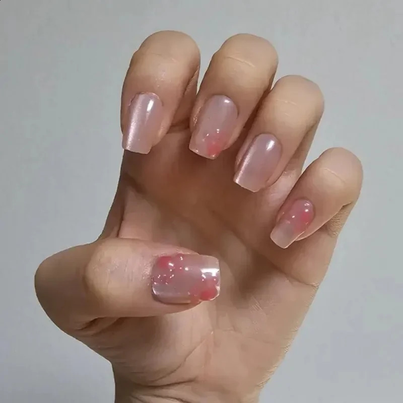 10Pcs Pink Handmade Press-On Nails Cat Eye with Paw Pattern Nail Tips Short Square False Nail for Women for Wear 240914