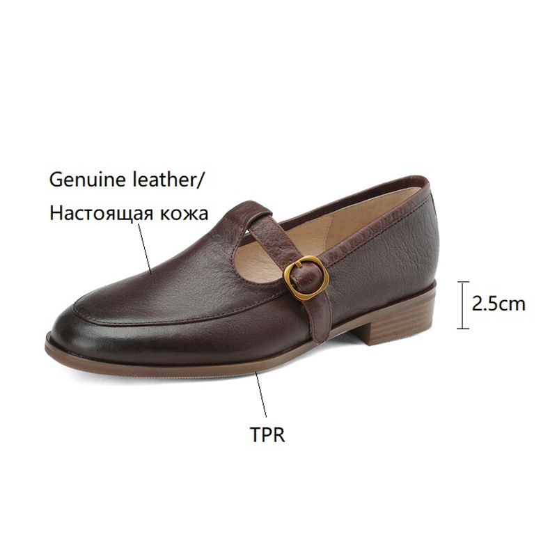 NEW Spring Women Pumps Genuine Leather Shoes for Women Round Toe Chunky Heel Shoes Retro Low Heel Mary Janes Retro Brown Shoes