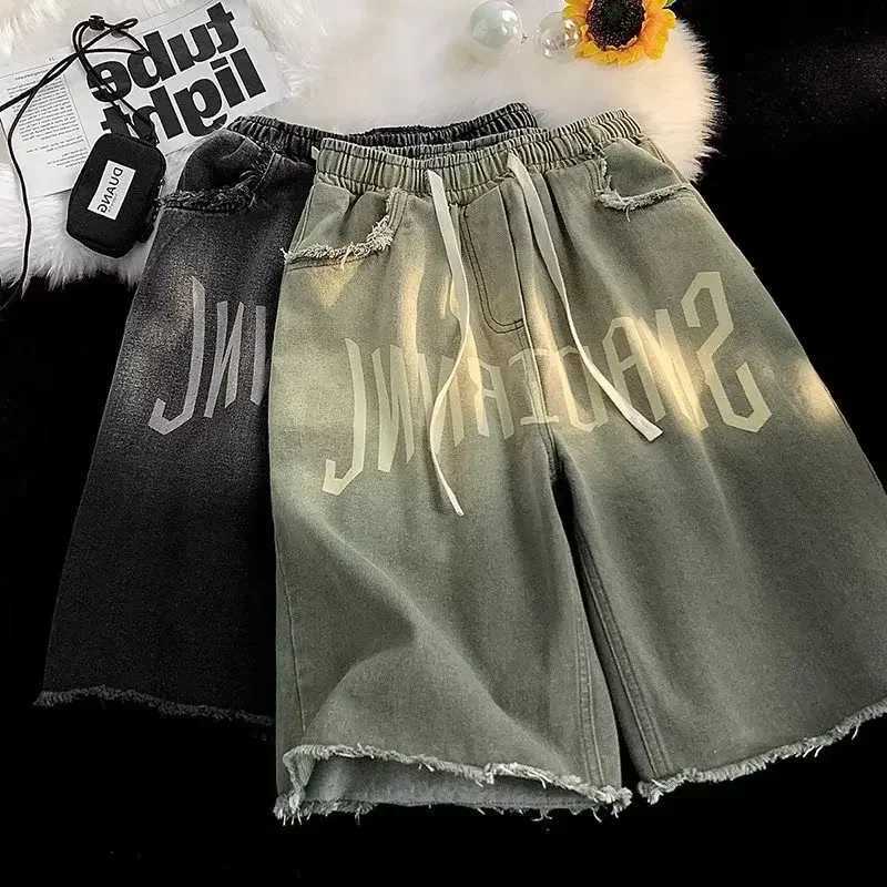Mens Summer Drawstring Elastic Waist American Style Trendy Brand Casual Loose Fit Denim Shorts Over Knee Five Point PantsX240914