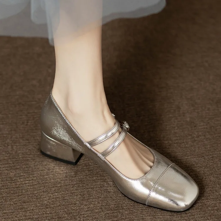 Square Mary Janes Round Toe Med Heels New Flats Spring/Autumn Solid Color Women's Buckle Strap Fashion Ladies Shoes 2060
