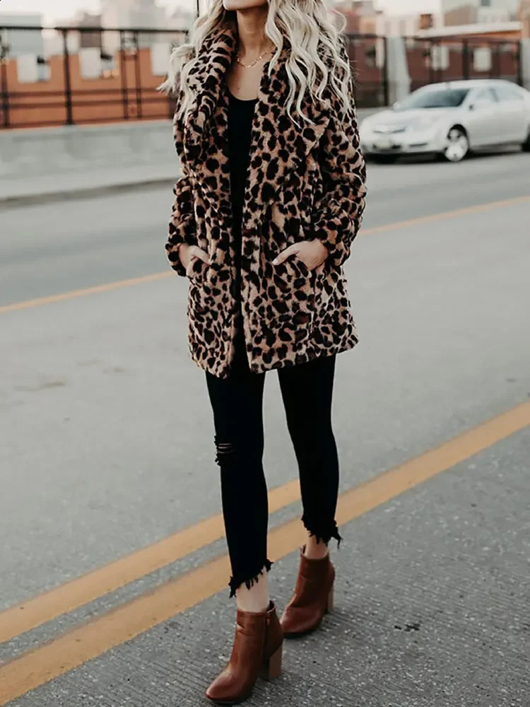 Autumn Leopard Faux Fur Coat Women Long Winter Coat Woman Warm Ladies Fur Jacket Female Plush Teddy Coat Outwear 240911