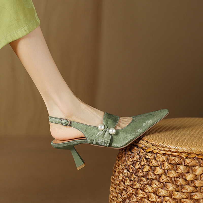 Summer NEW Split Leather for Pointed Thin Heel Cover Toe Sgback Shoes Women New Pearl Sandals 0d70