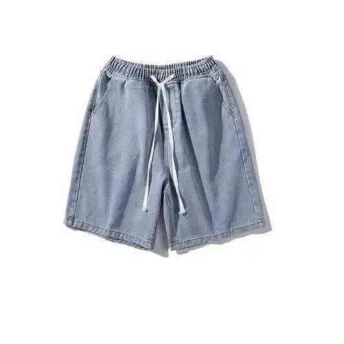 Trendy Elastic Waist Denim Shorts For Men Summer Thin Style Loose Fit Straight Leg Versatile Half Pants Vintage Mid WaistX240914
