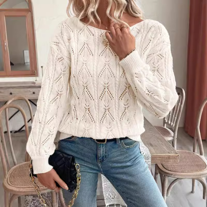 dongdumaoyi New women's knitted sweater fashionable pullover round neck long sleeved hollow solid color sweater top F0914#40