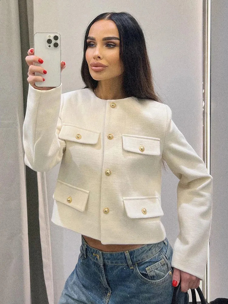 Autumn Winter Tweed Jacket For Women Round Neck Long Sleeved Demi-season Jacket Casual Slim Crop Top Bomber Outerwear 240911