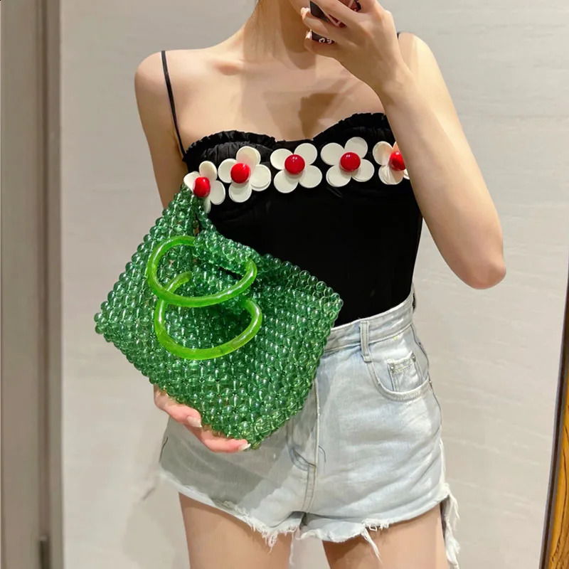 Green transparent crystal bag womens fashionable retro simple handbag beach holiday bead clutch 240913