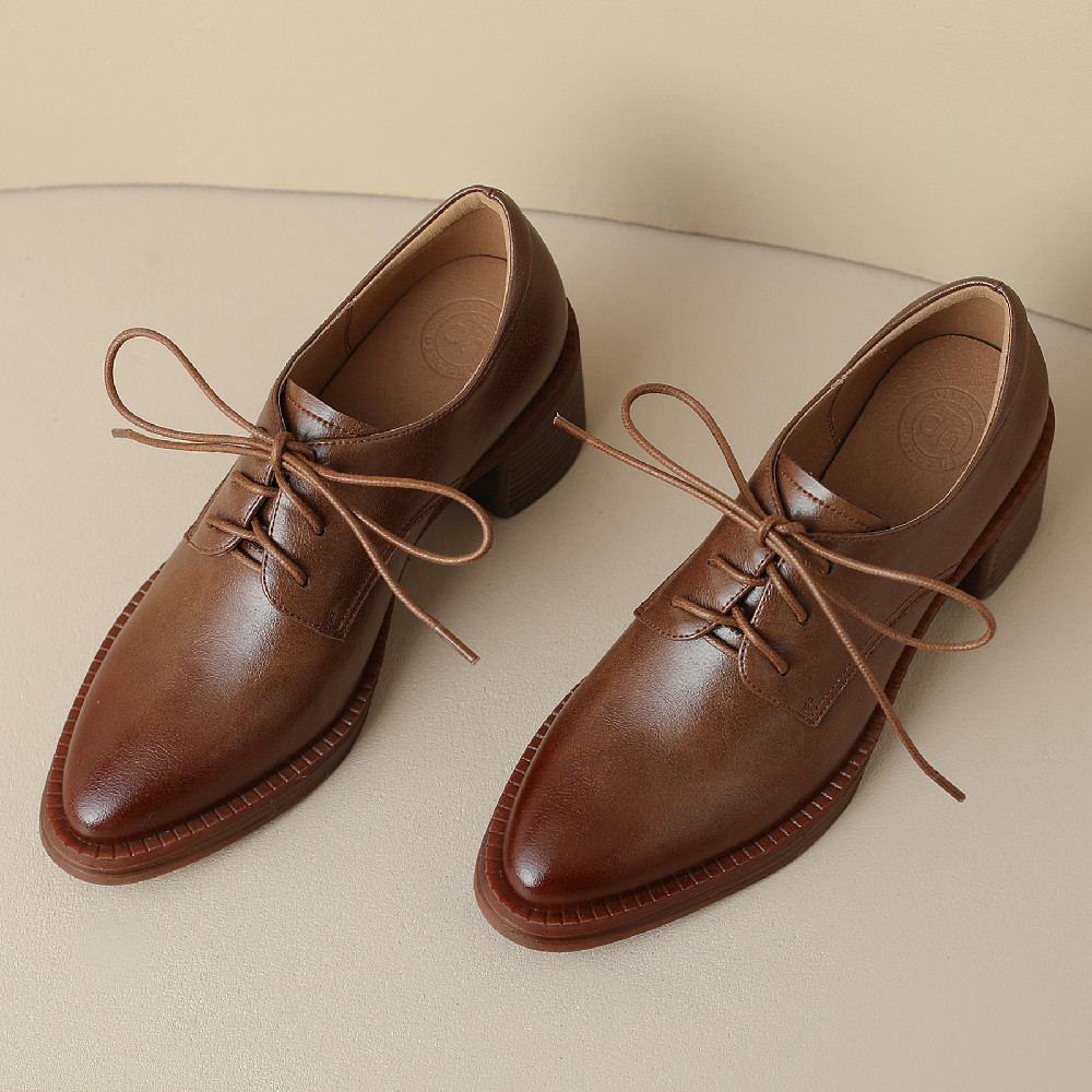 cow Women's leather 5.5cm thick high heel rounnd toe lace-up oxfords british style soft comfort casual female four season shoes 9433