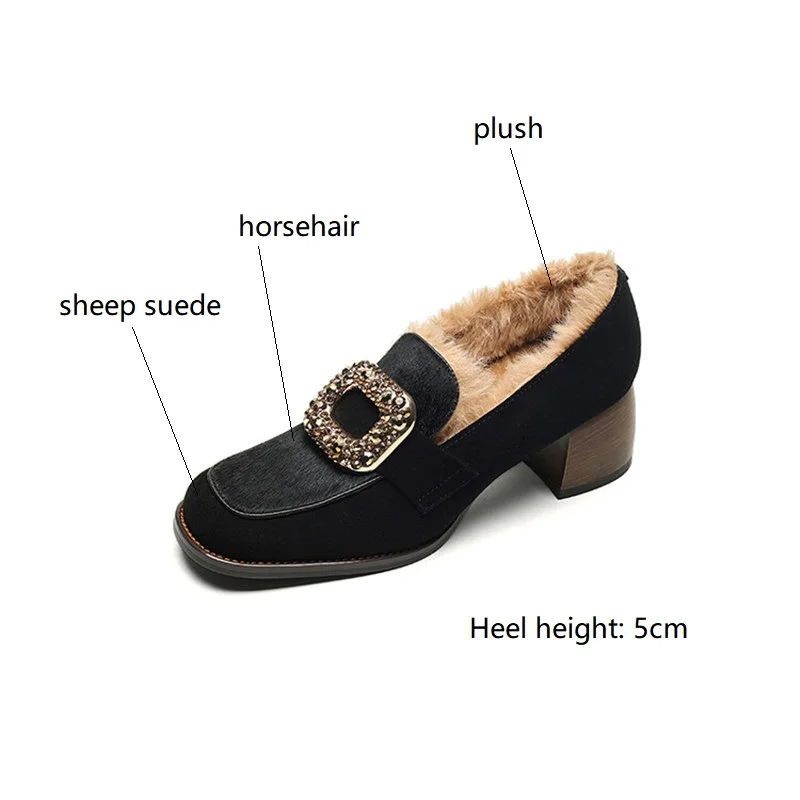 New Winter Sheep Suede Loafers Round Toe Women Pumps Shoes for Women Concise Ladies Shoes Chunky Heels Zaptos Mujer High Heels