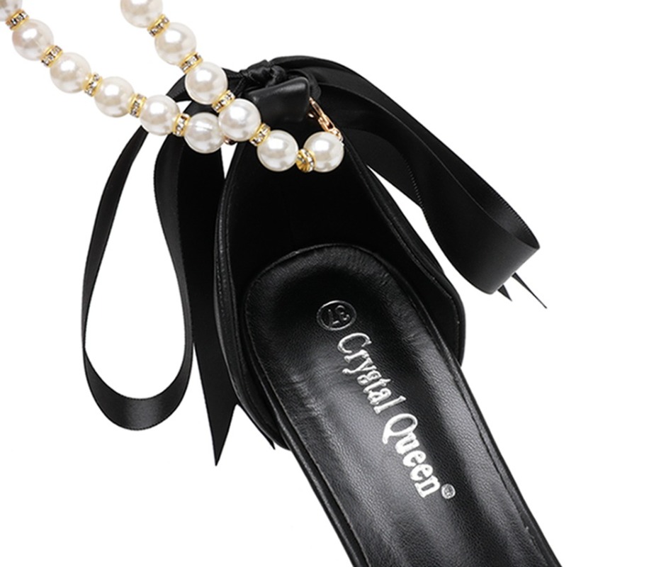Rhie Pearl 7cm Medium Heel Sandals New 2024 Summer Beaded Ribbon Matte PU Leather Wedding Banquet Dress Women's Shoes Size 43 8394